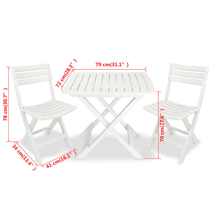 Set mobilier bistro pliabil, 3 piese, alb, plastic