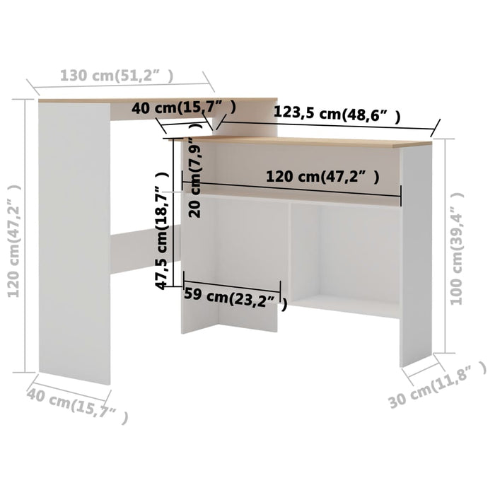 Masă de bar cu 2 blaturi, alb și stejar, 130x40x120 cm