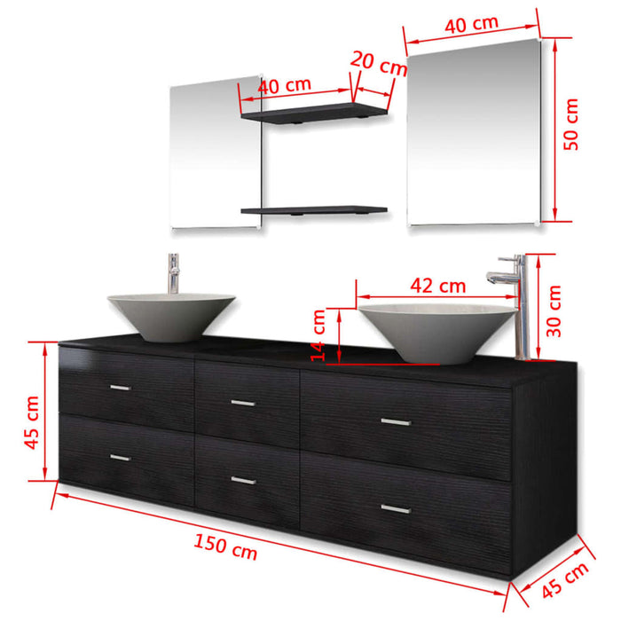 Set mobilier de baie, 9 piese, cu chiuvetă și robinet, negru