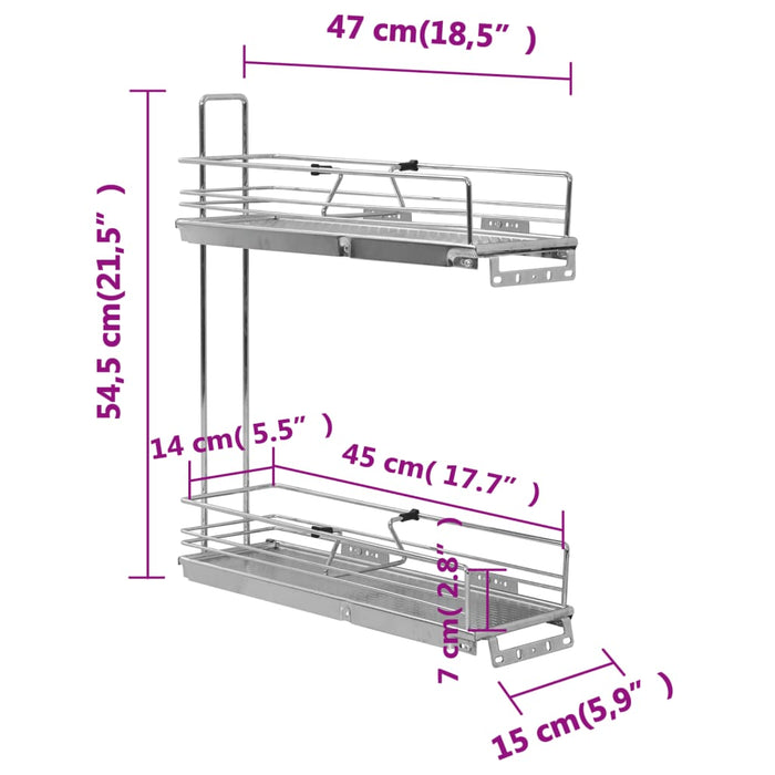 Coș sârmă bucătărie retractabil 2 rafturi argintiu 47x15x54,5cm