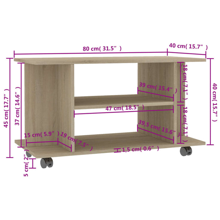 Comodă TV cu roți, stejar Sonoma, 80x40x45 cm, lemn prelucrat