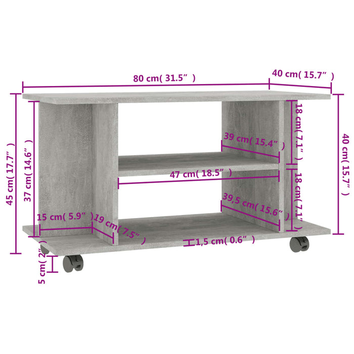 Comodă TV cu roți, gri beton, 80x40x45 cm, lemn prelucrat