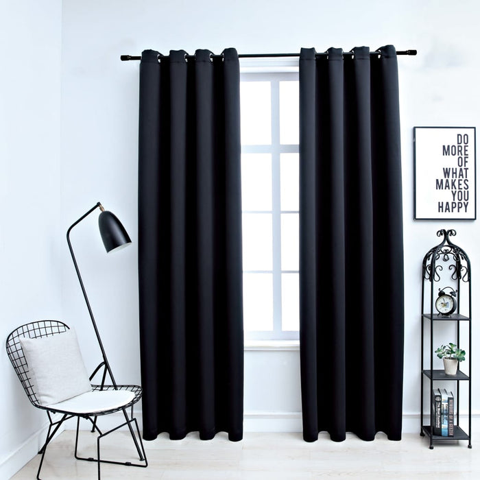 Draperii opace cu inele metalice, 2 buc., negru, 140 x 175 cm