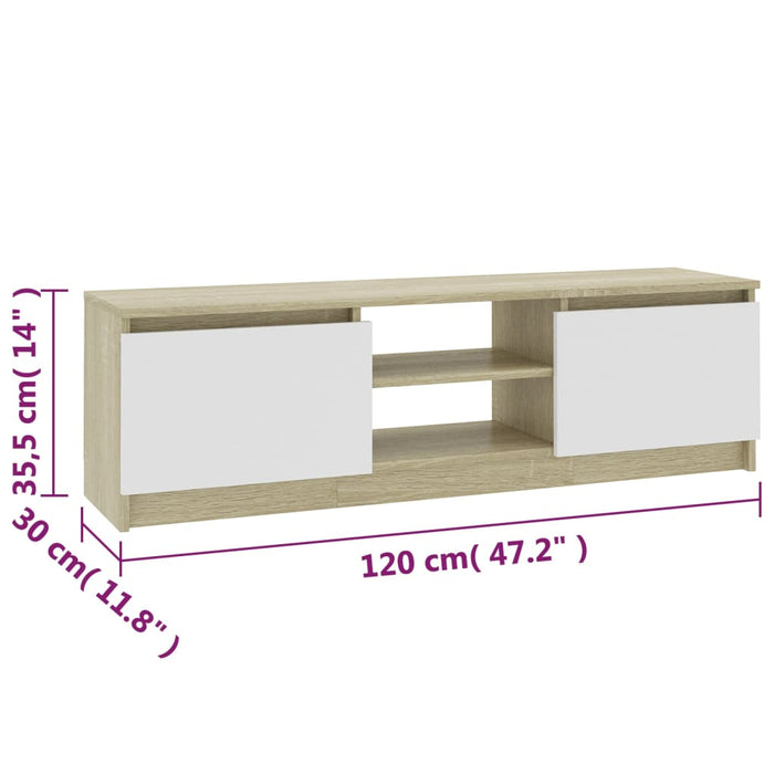 Dulap TV, alb și stejar sonoma, 120x30x35,5 cm, lemn prelucrat