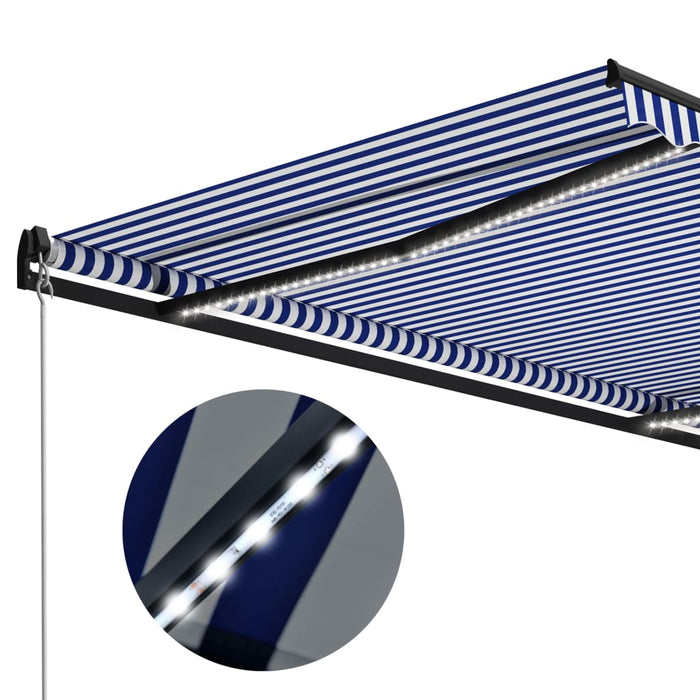 Copertină retractabilă manual cu LED, albastru/alb, 350x250 cm