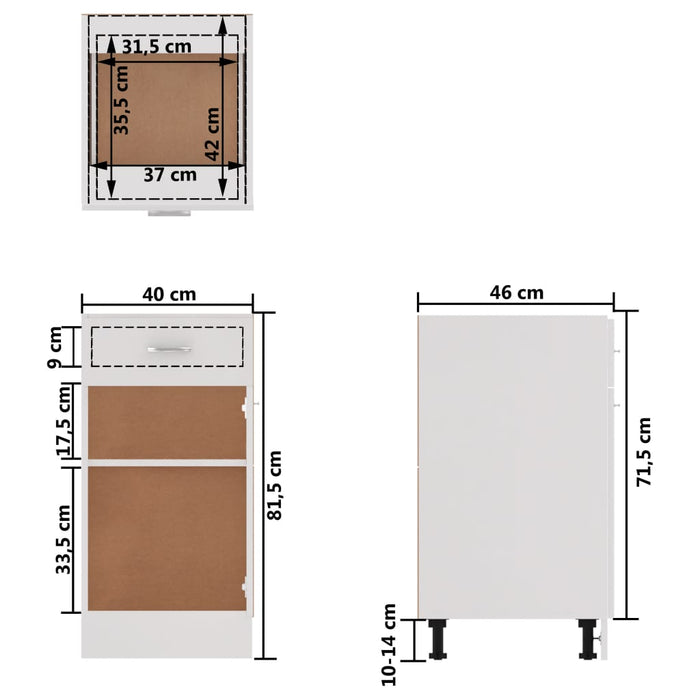 Dulap inferior cu sertar, alb, 40 x 46 x 81,5 cm, PAL