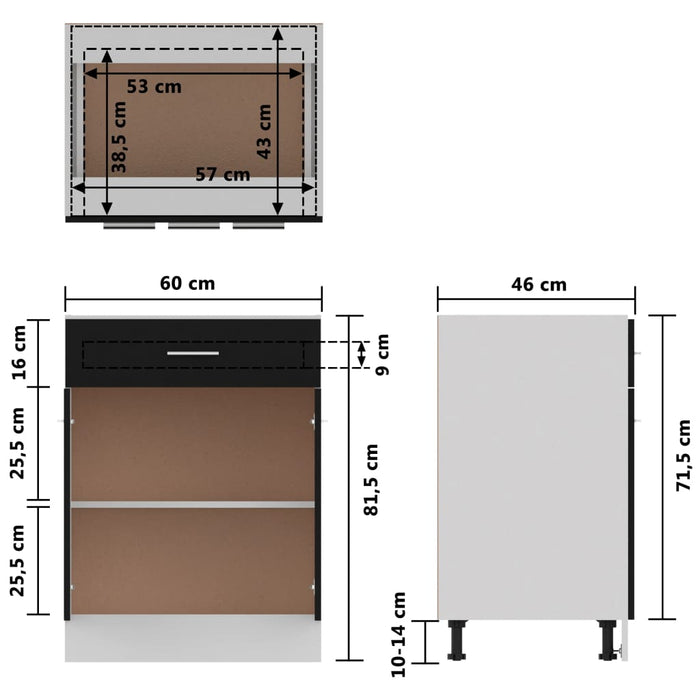 Dulap inferior cu sertar, negru, 60x46x81,5 cm, lemn prelucrat