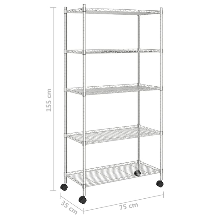 Raft depozitare cu roți, 5 niveluri, 75x35x155 cm, crom, 250 kg