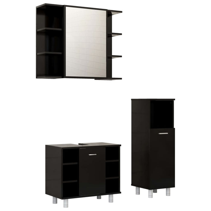 Set mobilier de baie, 3 piese, negru, lemn prelucrat