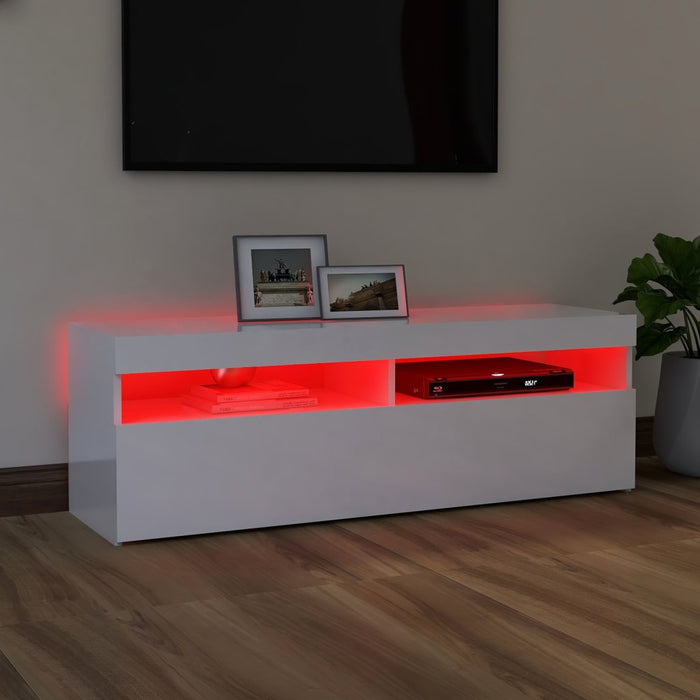 Comodă TV cu lumini LED, alb extralucios, 120x35x40 cm