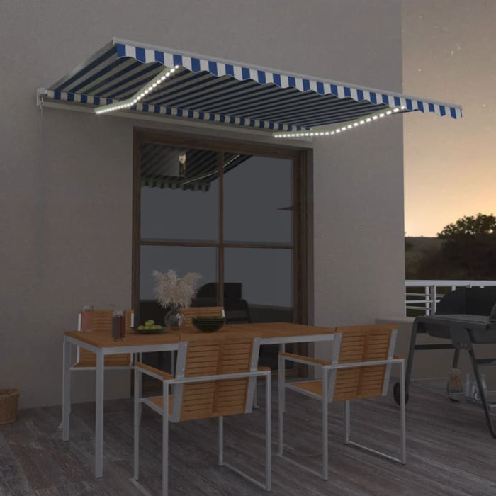 Copertină retractabilă manual cu LED, albastru/alb, 450x350 cm