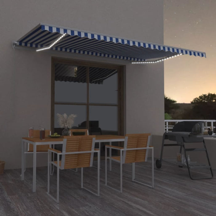 Copertină retractabilă manual cu LED, albastru&alb, 500x350 cm