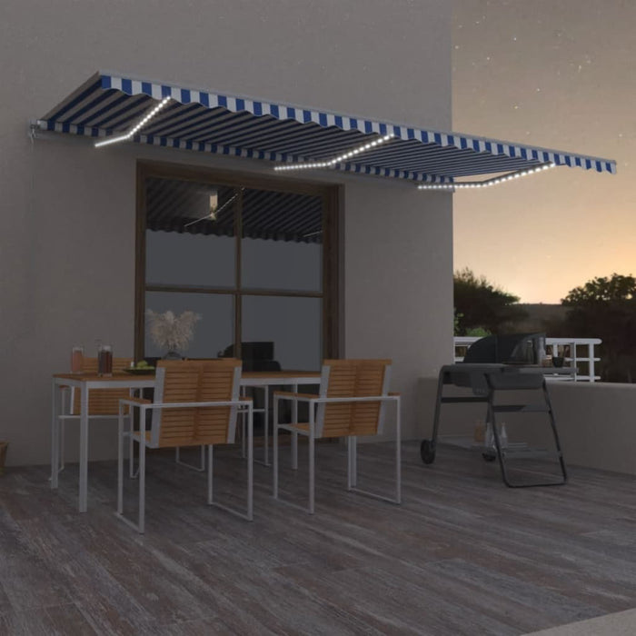 Copertină retractabilă manual LED, albastru și alb, 600x350 cm