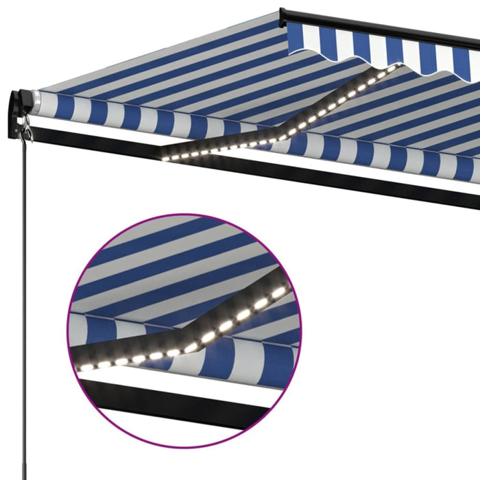 Copertină retractabilă manual LED, albastru și alb, 350x250 cm