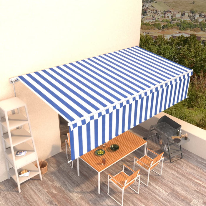 Copertină retractabilă manual cu stor, albastru&alb, 6x3m