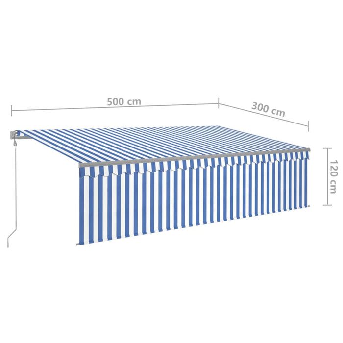 Copertină retractabilă automat cu stor, albastru&alb, 5x3 m