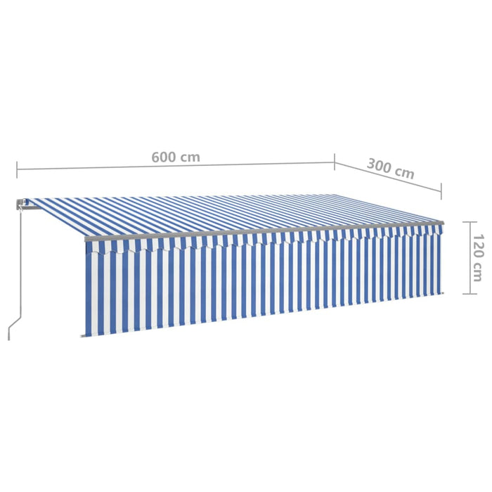 Copertină retractabilă manual cu stor, albastru&alb, 6x3 m