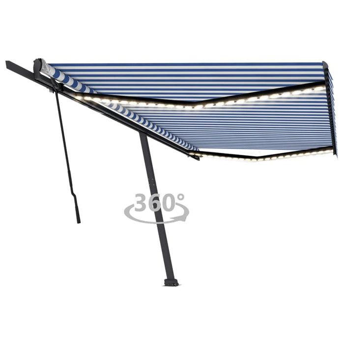 Copertină retractabilă manual cu LED, albastru&alb, 500x300 cm