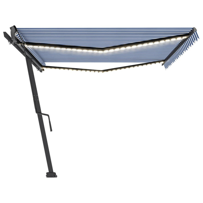 Copertină retractabilă manual cu LED, albastru&alb, 500x300 cm