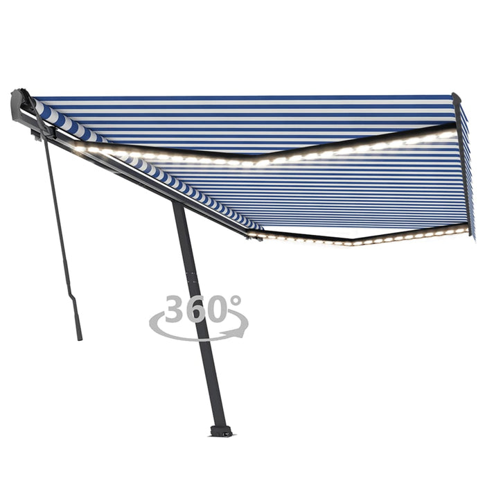 Copertină retractabilă manual cu LED, albastru&alb, 500x350 cm