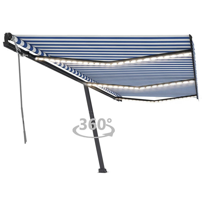 Copertină retractabilă manual, LED, albastru și alb, 600x350 cm