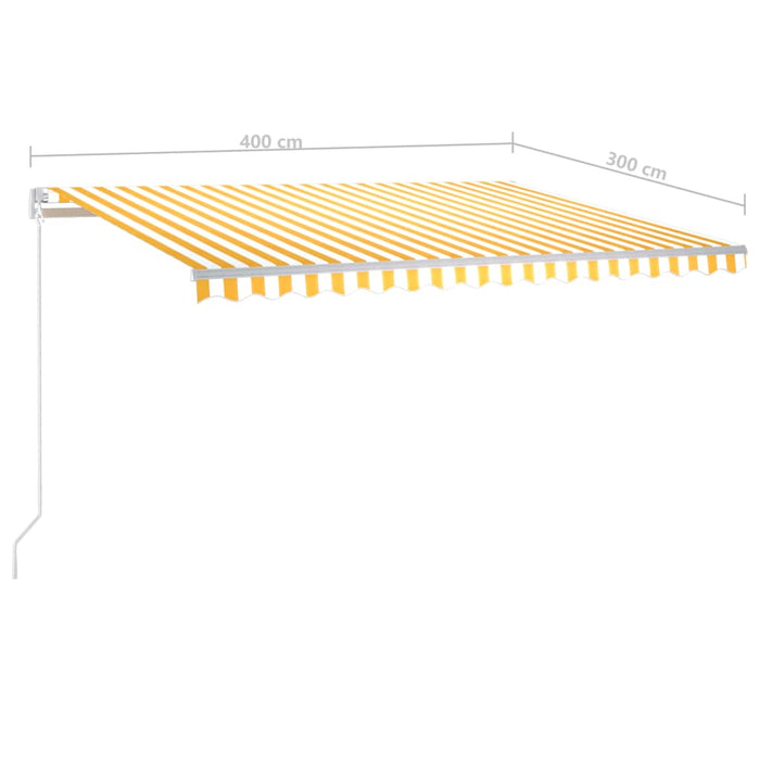 Copertină retractabilă automat, cu stâlpi, galben&alb, 4x3 m