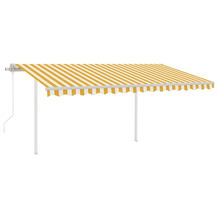 Copertină retractabilă automat, cu stâlpi, galben&alb, 4x3 m