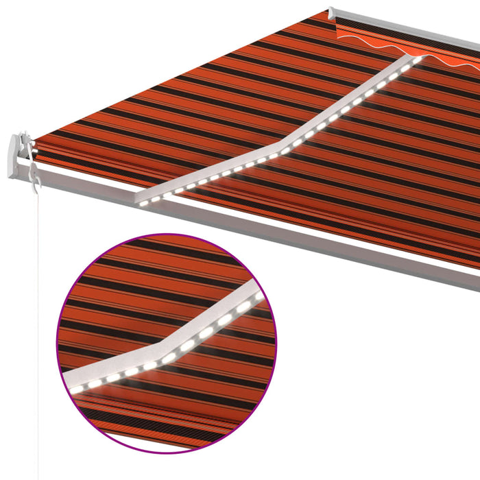 Copertină retractabilă manual, cu LED, portocaliu&maro 5x3 m