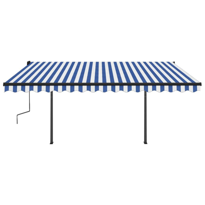 Copertină retractabilă manual, cu stâlpi, albastru/alb, 4x3 m