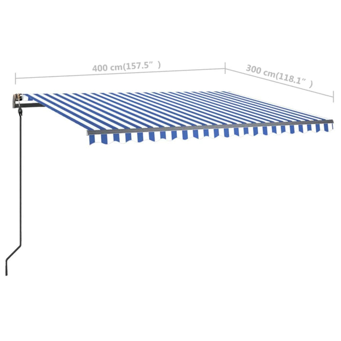 Copertină retractabilă manual, cu stâlpi, albastru/alb, 4x3 m