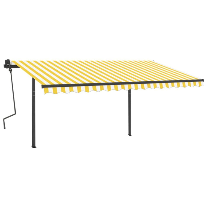 Copertină retractabilă manual, cu stâlpi, galben și alb, 4x3 m