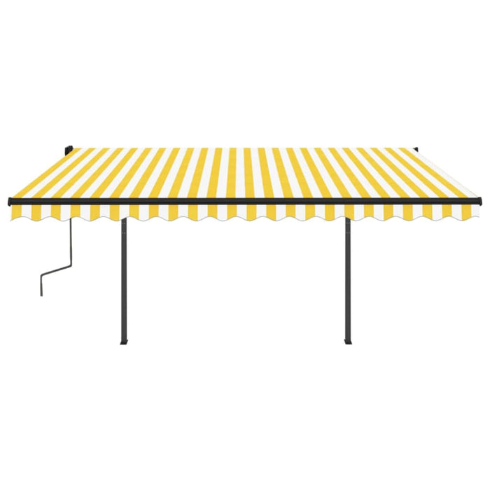 Copertină retractabilă manual, cu stâlpi, galben și alb, 4x3 m