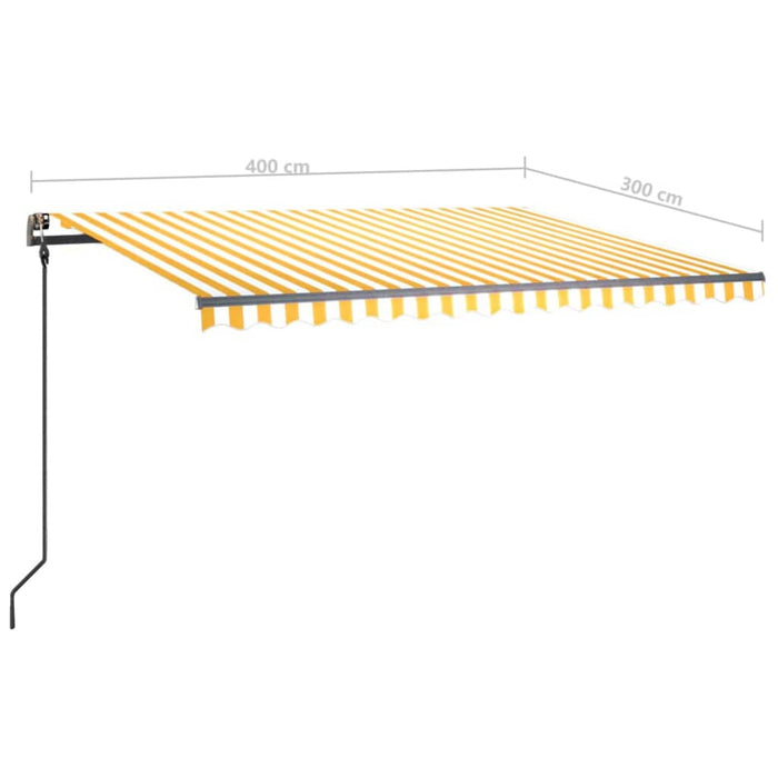 Copertină retractabilă manual, cu stâlpi, galben și alb, 4x3 m