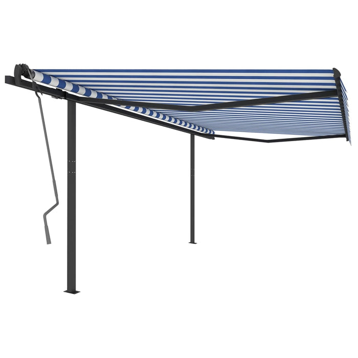 Copertină retractabilă automat, cu stâlpi, albastru/alb 4,5x3 m