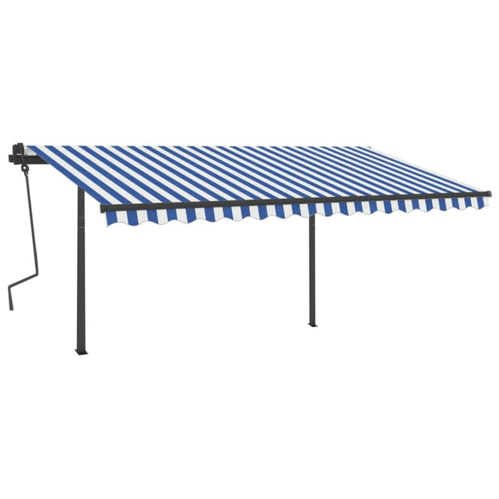 Copertină retractabilă automat, cu stâlpi, albastru/alb 4,5x3 m