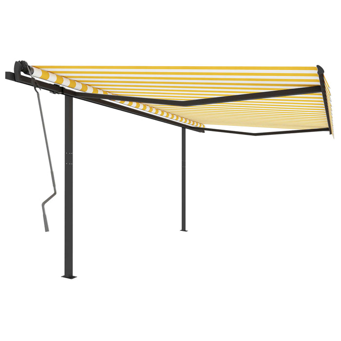 Copertină retractabilă automat, cu stâlpi, galben/alb, 4,5x3 m