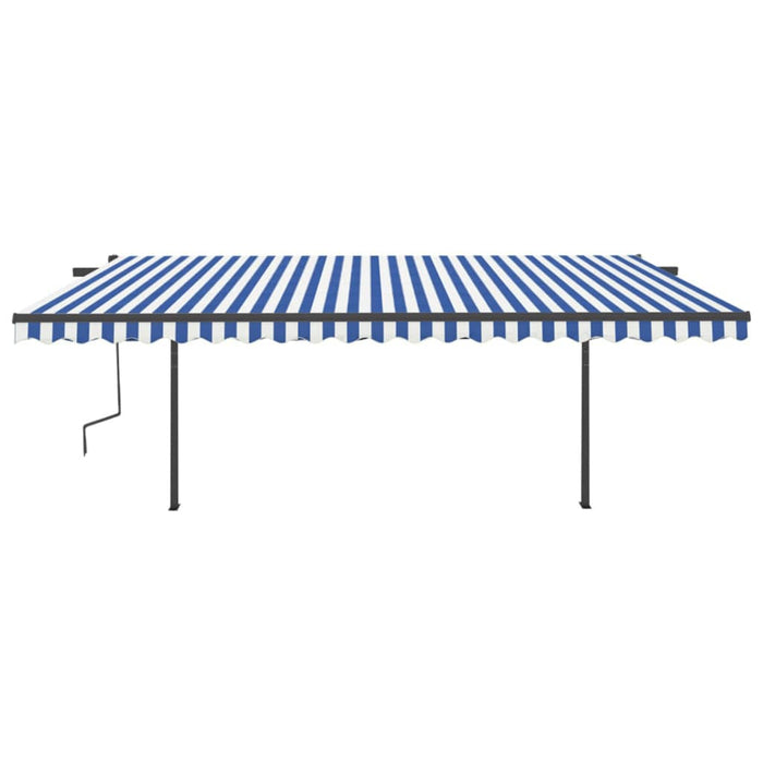 Copertină retractabilă automat, cu stâlpi, albastru & alb 5x3 m