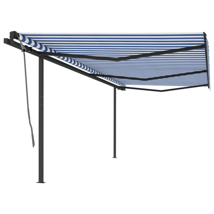 Copertină retractabilă manual cu stâlpi, albastru & alb, 6x3 m