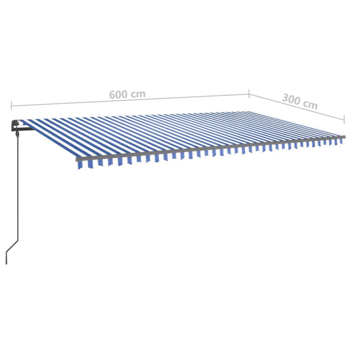 Copertină retractabilă manual cu stâlpi, albastru & alb, 6x3 m