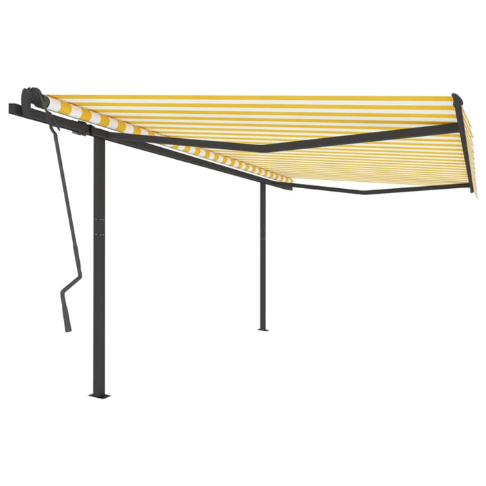 Copertină retractabilă manual cu stâlpi, galben & alb, 4x3,5 m