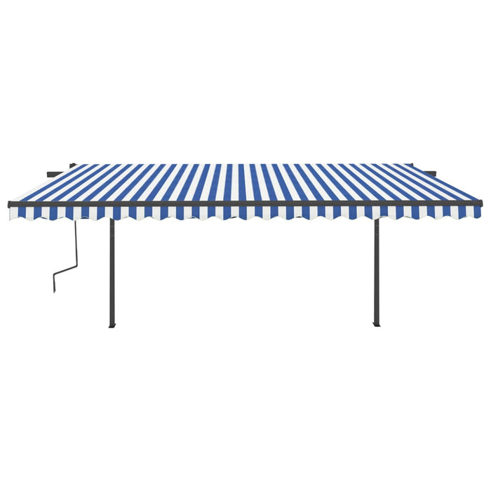 Copertină retractabilă manual cu stâlpi, albastru & alb 5x3,5 m