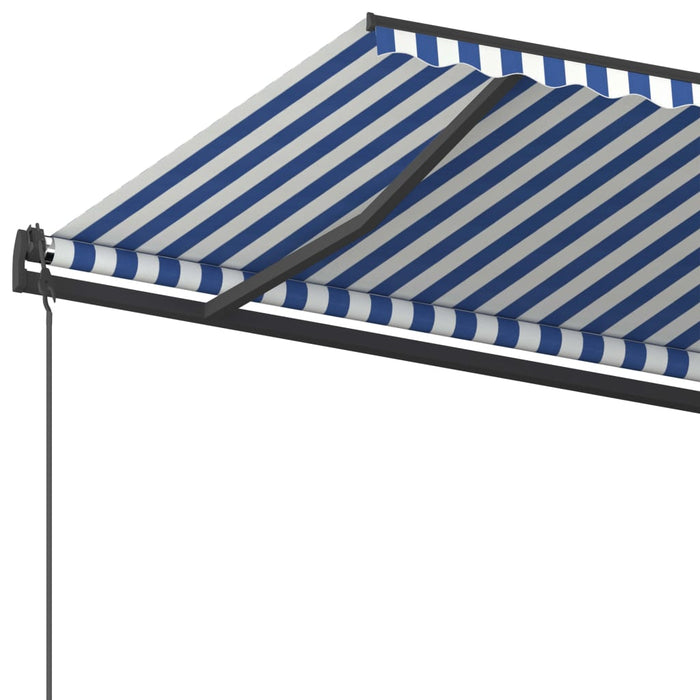 Copertină retractabilă manual cu stâlpi, albastru & alb 5x3,5 m