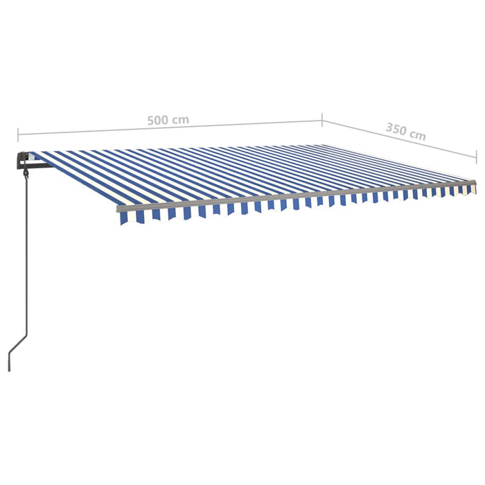 Copertină retractabilă manual cu stâlpi, albastru & alb 5x3,5 m