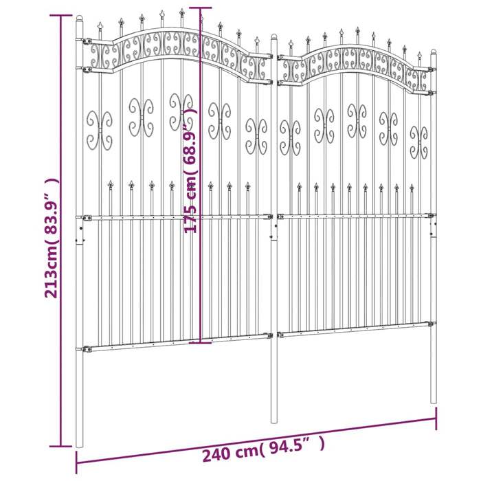 Gard grădină cu vârfuri negru 222 cm oțel vopsit electrostatic