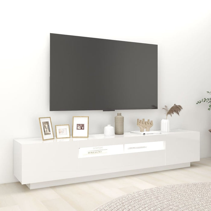 Comodă TV cu lumini LED, alb extralucios, 200x35x40 cm