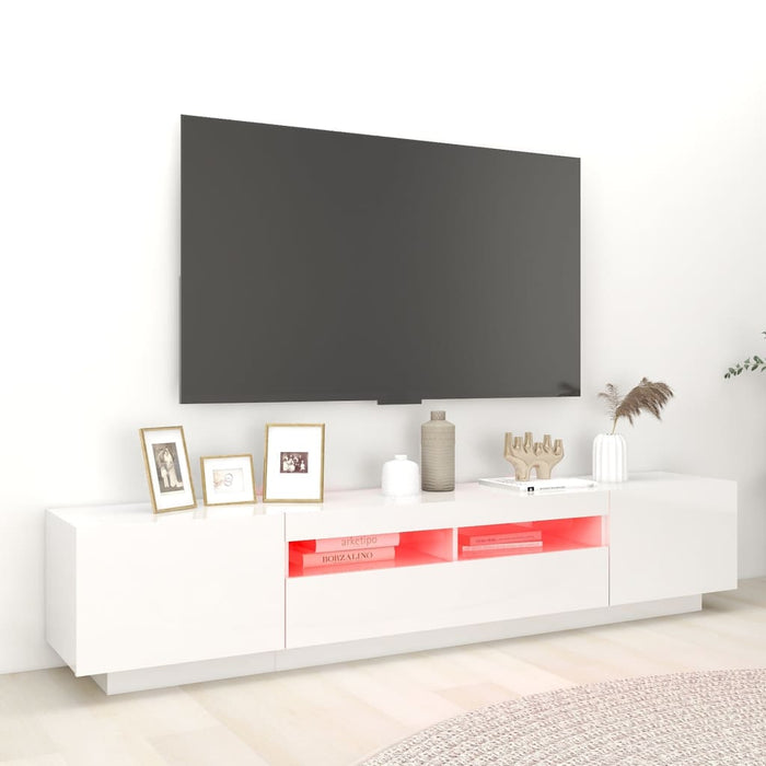 Comodă TV cu lumini LED, alb extralucios, 200x35x40 cm