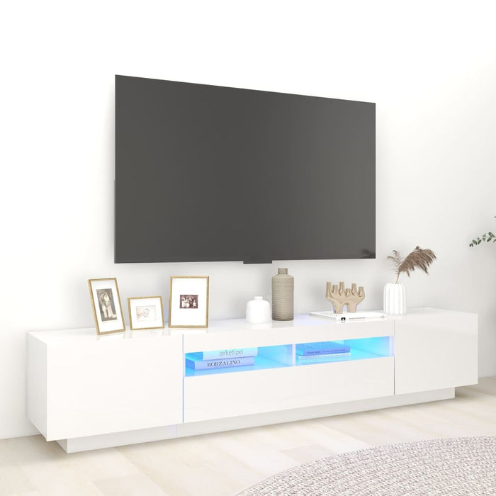 Comodă TV cu lumini LED, alb extralucios, 200x35x40 cm