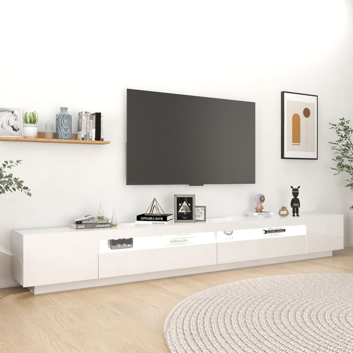 Comodă TV cu lumini LED, alb extra lucios, 300x35x40 cm