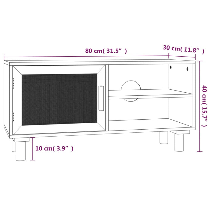 Comodă TV, maro, 80x30x40 cm, lemn masiv pin și ratan natural