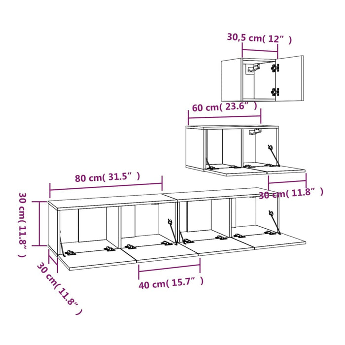 Set dulapuri TV, 4 piese, stejar fumuriu, lemn prelucrat